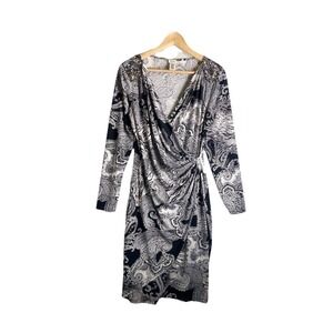 Cache Beaded Shoulder Draped Ruched Dress L Paisley V-Neck Long Sleeve Evening